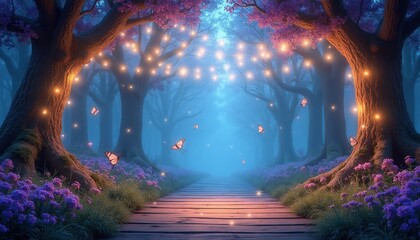Fototapeta premium Enchanted forest path with glowing fairy lights. Purple flowers and butterflies surround large trees. A wooden walkway leads into a magical, dreamy blue haze.