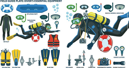 Naklejka premium Professional Scuba Diving Equipment and Underwater Exploration Vector Collection with Diver, Wetsuit, Oxygen Tanks, Fins, Masks, Safety Gear, and Marine Accessories