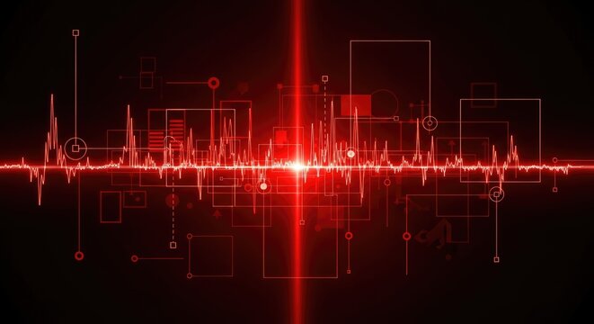 A vibrant red and black graphic design featuring a stylized wave pattern with a glowing red dot at the center, surrounded by various geometric shapes and lines.