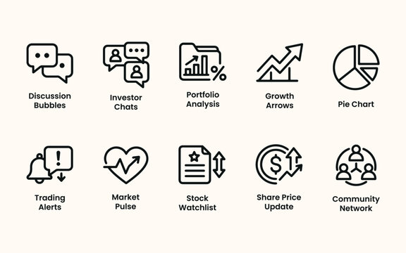 Collection of nine black line art flat icons representing finance communication and business concepts on a cream background