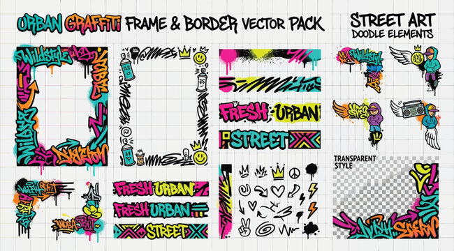 Urban graffiti frame and border vector pack with street art doodle elements