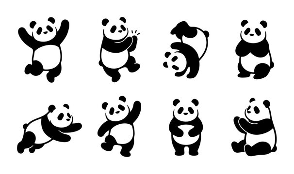 Cute Panda Icons, Adorable Bear Illustrations, Playful Bamboo Animal Graphics, Set of 8 Vector Art Elements