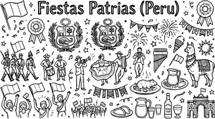 Peruvian Fiestas Patrias Hand-drawn Line Art Doodle Icons Set. Culture, National Holiday, Food, and Celebration Elements Collection for Peru Independence Day. © victoria