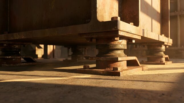 Heavy duty industrial vibration isolator mounts supporting rusted steel machinery beams at golden hour.