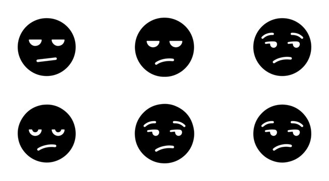 Six Black Silhouette Emoticon Faces, Vector Icons Expressing Boredom, Skepticism, and Indifference, Simple Graphic Elements for Digital Communication and User Interface Design