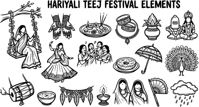 Hariyali Teej Festival Elements Black and White Line Art Illustration. Traditional Indian Culture and Religious Rituals, showing women, mehndi, puja, and festive symbols.