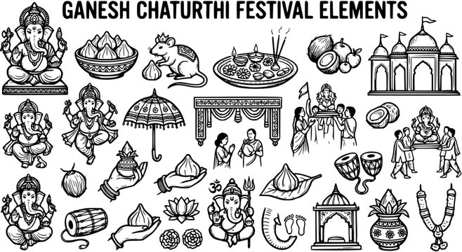 Ganesh Chaturthi Festival Elements. Hand-drawn Black  White Line Art illustrations of Hindu God Ganesha, Modak, Temple, and religious symbols for Indian holiday.