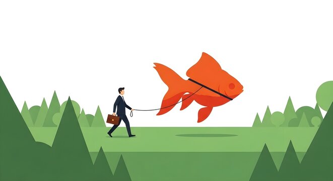 Professional man walking a huge flying goldfish on a leash, symbolizing unconventional ideas, unique perspective, freedom, and ambitious goals.