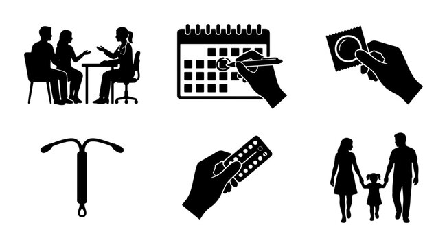 Reproductive Health Icons, Family Planning Symbols, Contraception Methods, Medical Consultation, Calendar Planning, Vector Graphics