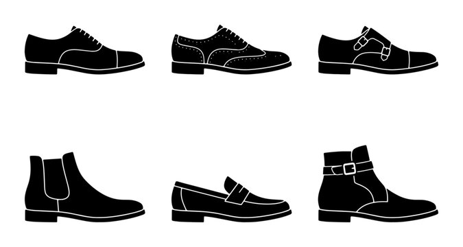 Classic Men's Footwear Collection, Elegant Leather Shoe Styles, Formal Dress Shoes, Casual Boots, Business Attire Accessories, 6 Vector Icons Set