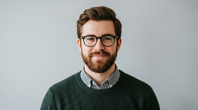 Portrait of young man with beard wearing glasses and green sweater against grey wall portrait friendly handsome