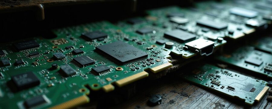 Close-up view of discarded computer circuit boards. Electronic waste fills shelf with old tech parts. Disassembled device components piled up. Obsolescent junk heap.