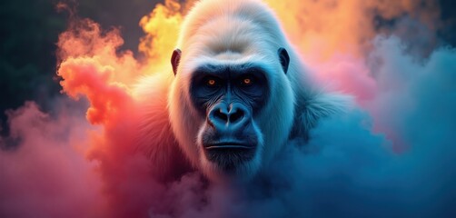 Fototapeta premium Close-up portrait of a majestic white gorilla emerges from colorful smoke clouds at sunset. Its piercing orange eyes stare forward with intense gaze, conveying raw power and mystery.