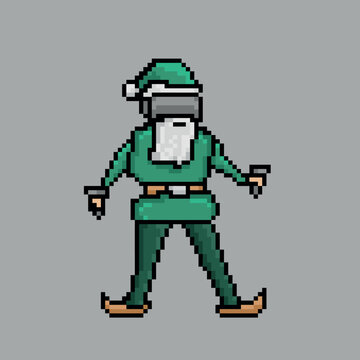 Xmas elf plays videogames in a VR headset. Graphic in pixel art style