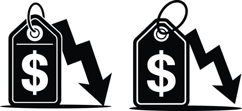 Price tag with dollar sign and downward arrow indicating price reduction or sale vector illustration e commerce decrease reduction discount shopping