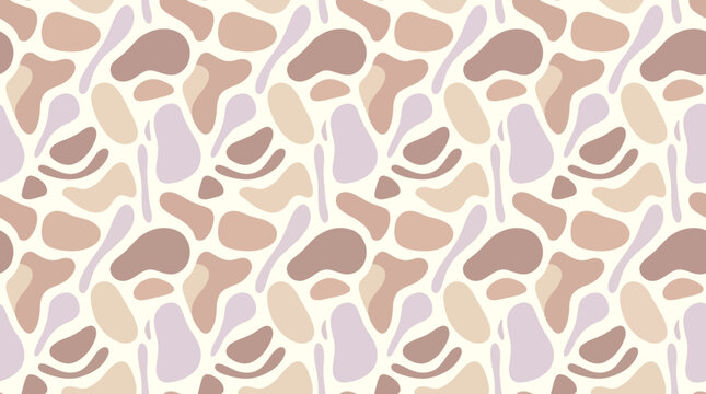 A seamless repeating pattern of organic shapes in various earthy tones fills the entire illustration.