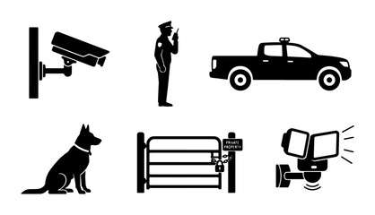 Security Icons Set: Surveillance Camera, Guard, Patrol Car, Guard Dog, Gate, Floodlight for Protection and Safety Concepts © Lubna