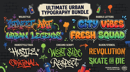 Ultimate urban typography bundle featuring various graffiti lettering styles, wildstyle, chicano script, and stencil fonts for street art design projects © S.Siam