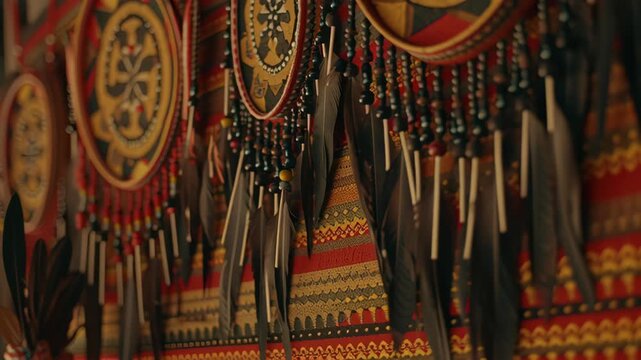 Traditional Dayak tribal ornaments hanging in a Sarawak longhouse interior