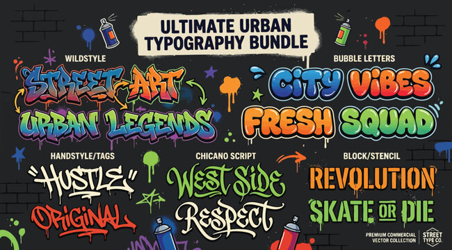 Ultimate urban typography bundle featuring various graffiti lettering styles, wildstyle, chicano script, and stencil fonts for street art design projects