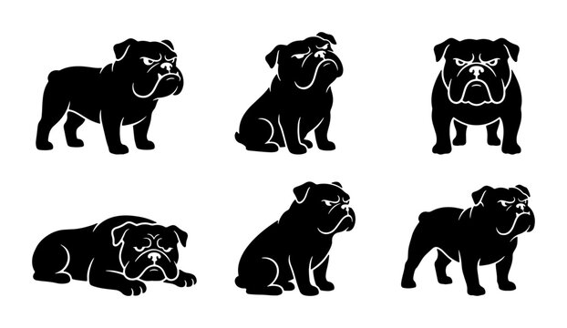 Bulldog Vector Silhouettes, Six Poses of Grumpy Dog Icons, Black and White Canine Graphics for Pet Lovers and Animal Designs