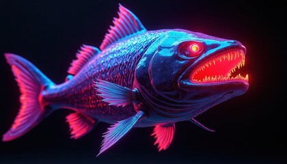 Fototapeta premium Digital piranha with glowing red eyes and neon teeth swims in dark water. Predatory fish has metallic scales and fins. Aquatic creature opens mouth showing sharp fangs.