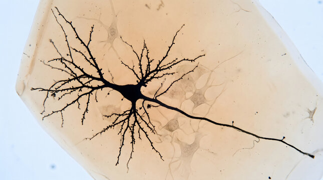 Macro of Golgi Stained Pyramidal Neuron on Histology Slide with Dendritic Tree and Axon