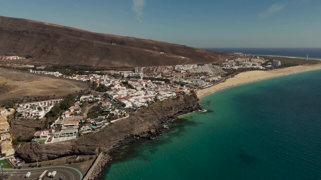 Aerial Approach to Morro Jable and Jandia Coastline in Fuerteventura Spain