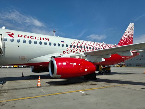 Russian regional jet Sukhoi Superjet 100 on airport tarmac close-up. Russia, Moscow, Sheremetyevo Airport, May 6, 2026