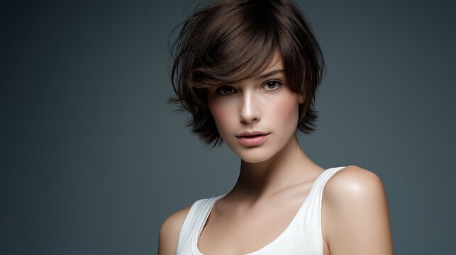 Soft Brown Bixie Haircut on Slate Background