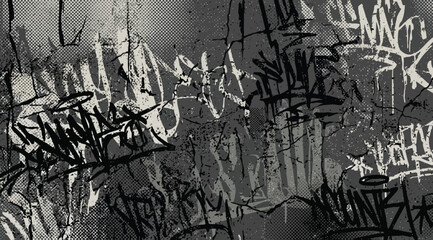 Monochrome graffiti wall texture with halftone pattern and abstract street art tags © Saharia
