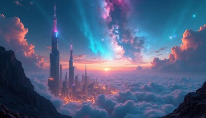 Fototapeta premium Futuristic city skyline emerges from clouds below, illuminated by vibrant aurora and sunset sky. Tall towers reach towards starry cosmos, suggesting advanced civilization and exploration.