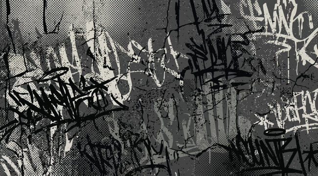 Monochrome graffiti wall texture with halftone pattern and abstract street art tags