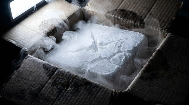 Macro of Dry Ice Block Sublimating with CO2 Vapor Tendrils and Frost Fracture Lines