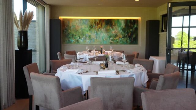 luxurious restaurant interior view with decorated dining tables and ambient lighting.
