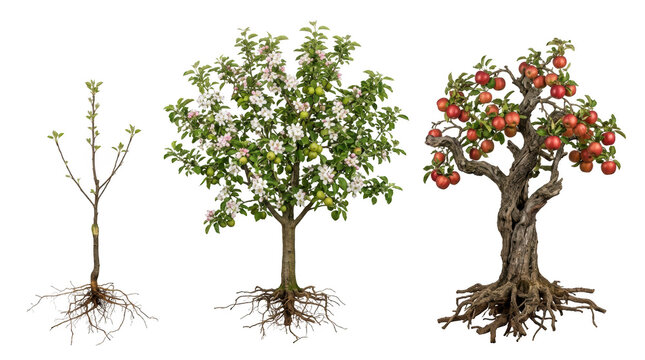 Tree growth stages with roots and soil isolated on transparent background
