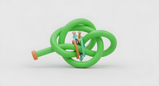 Tiny family figures trapped inside a knotted green garden hose