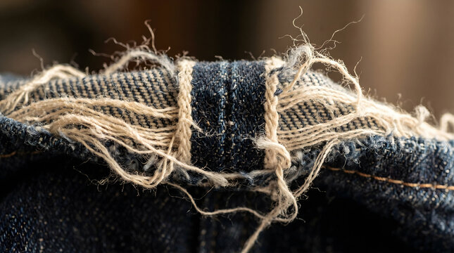 Macro of Frayed Raw Denim Selvedge Edge with Indigo Warp and Ecru Weft Threads