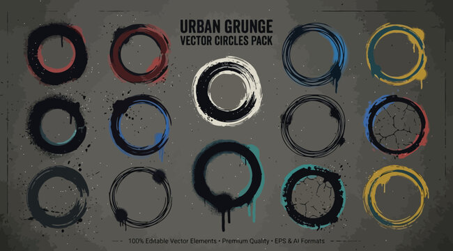 Urban grunge vector circles pack, spray paint brush strokes