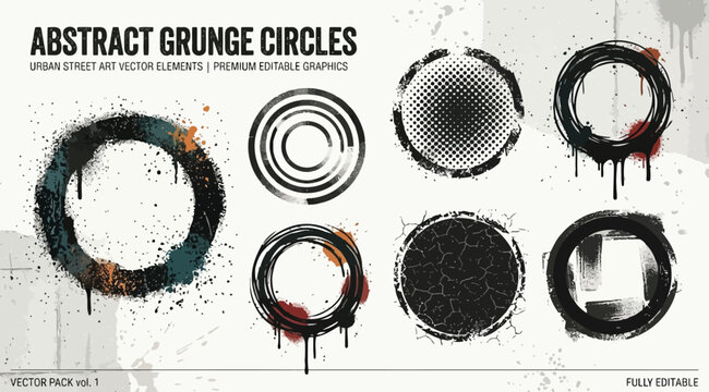 Abstract grunge circles vector pack, urban street art elements