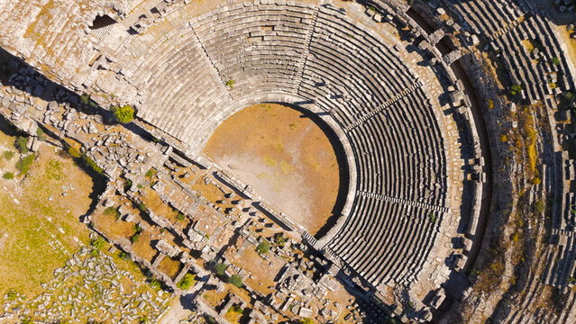 Balat, Turkey. Top down aerial view of Miletus Theatre stage and seating arrangement. Aerial View