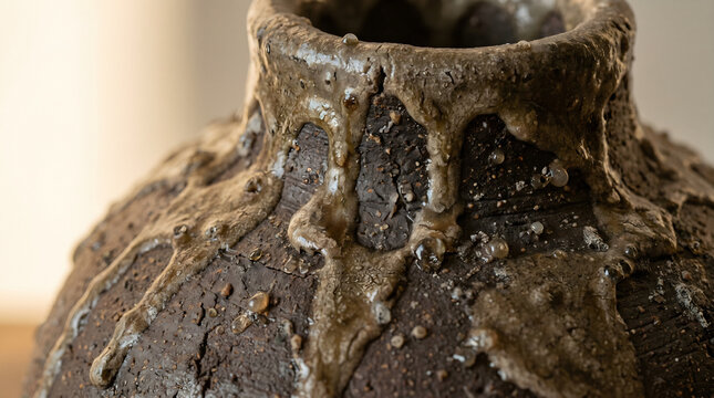 Macro of Flowing Wood-Fired Ash Glaze on Rough Stoneware Clay Body