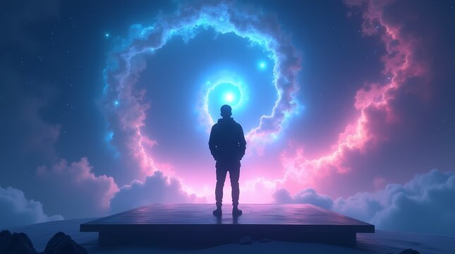 Silhouette of a man standing on a platform looking at a giant glowing cosmic vortex. This epic conceptual image is perfect for science fiction and meditation presentations.