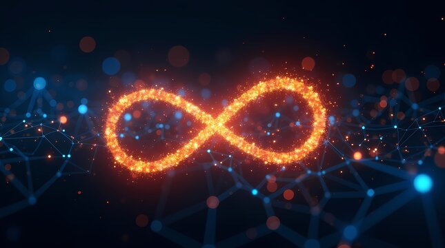 Glowing orange infinity symbol made of sparkling particles over a blue network background. This graphic is suitable for science concepts, energy themes, and technology projects.