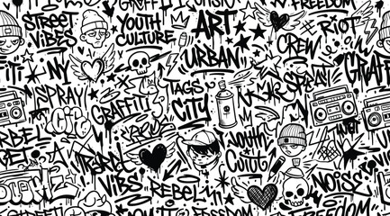 Seamless pattern with graffiti street art elements, urban style background with tags, skulls, hearts, and boomboxes © Saharia