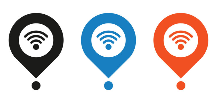 WiFi Location Icon Set Isolated on White Background with Network Signal and Location Pin Icons