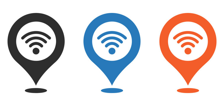 WiFi Location Icon Set Isolated on White Background Featuring Wireless Signal and Map Pin Combination Symbols