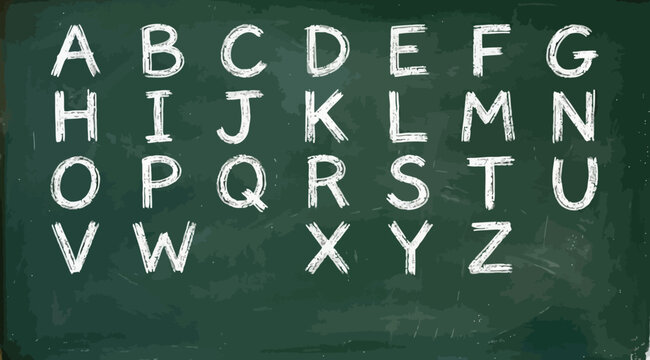 Alphabet letters written in white chalk on a green chalkboard background