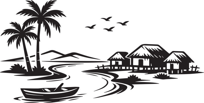 Tropical island, palm trees, stilt houses, boat, black vector illustration, beach scene, travel icons