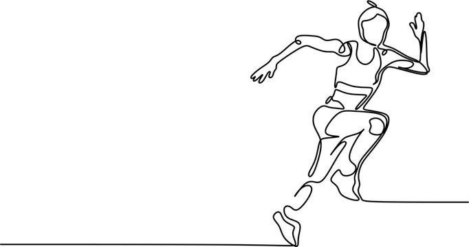 Continuous one line drawing of female runner sprinter athlete running fast on track minimalist vector illustration